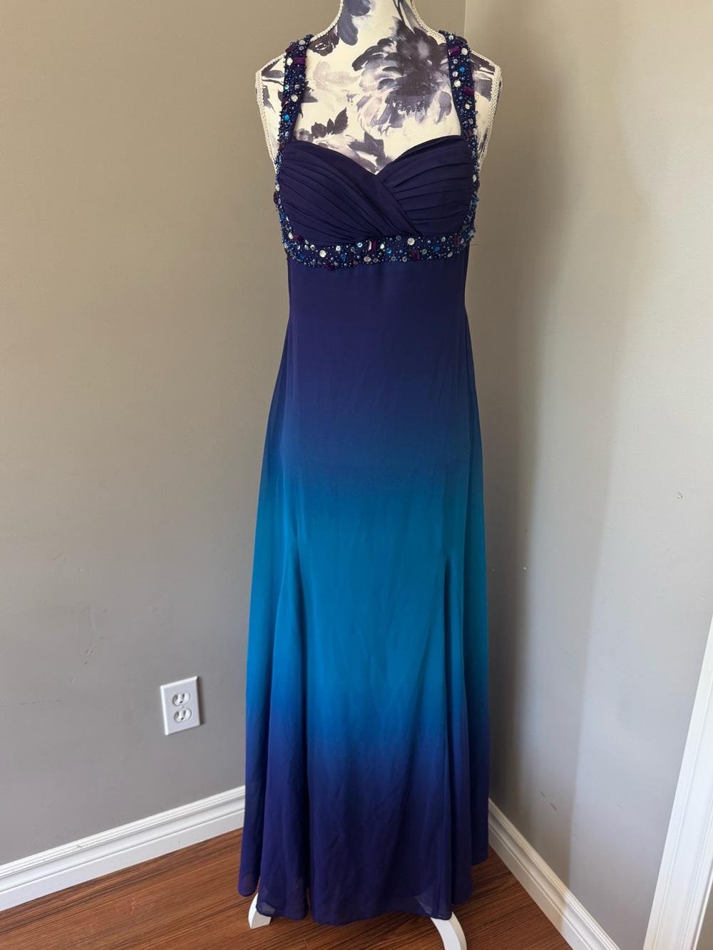 le chateau Beaded Formal Ombre Maxi Dress Navy & Teal
